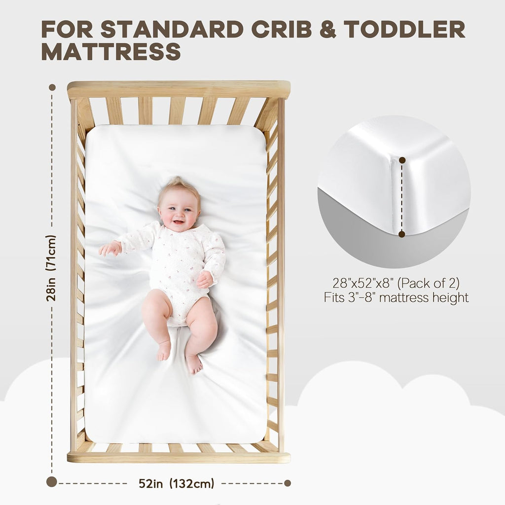 Pro Goleem Satin Crib Sheet Set - Oeko-TEX Certified Silky Soft Fitted Mattress Covers 28x52 | Breathable & Gentle on Baby's Skin (White & Gray)
