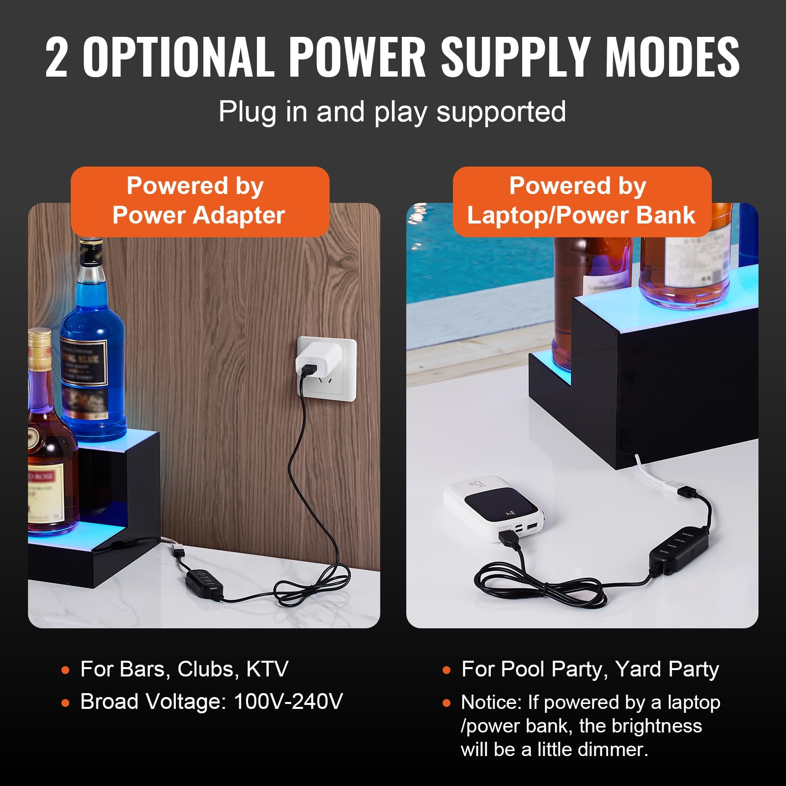 VEVOR LED Lighted Liquor Bottle Display, 2 Tiers 24 Inch Commercial Illuminated Home Bar Shelf, 2 Steps Whiskey Rack Stand, Acrylic Drink Shelves with RF Remote & App Control, and Multicolor Light