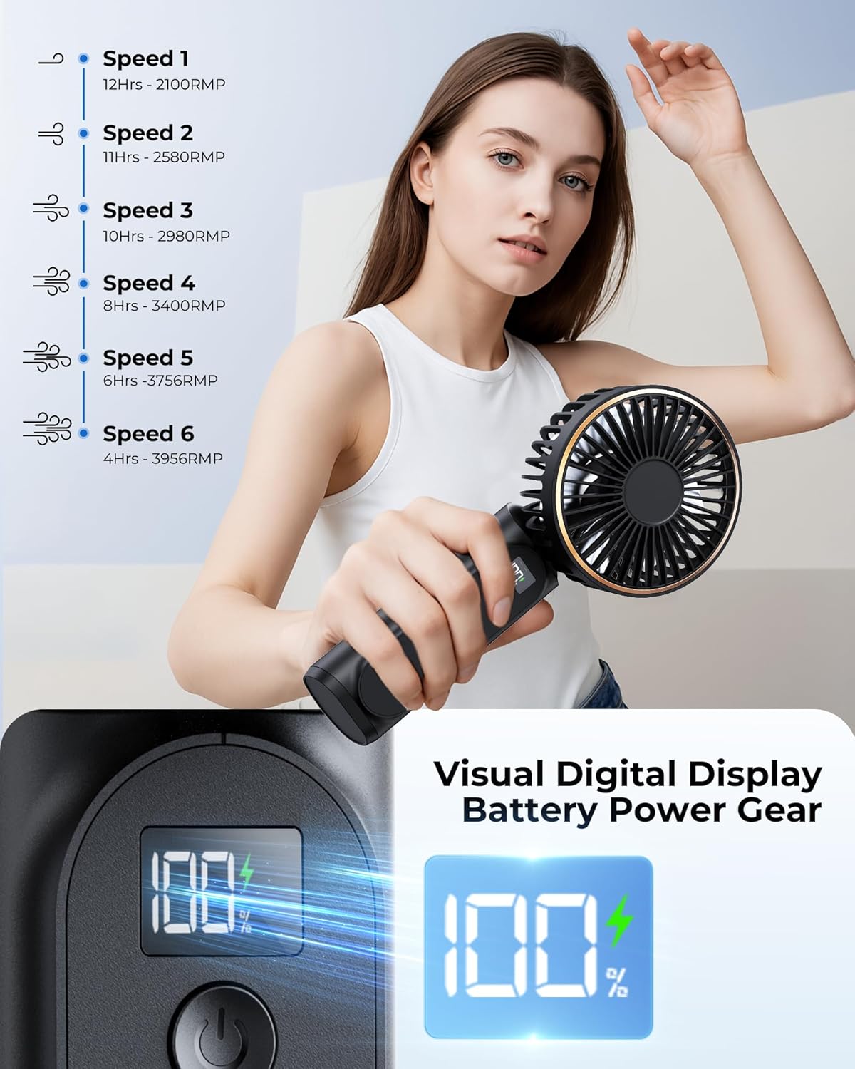 TUNISE Portable Handheld Fan - Rechargeable 4000mAh Battery | 180° Adjustable, 6 Speed, Quiet Design