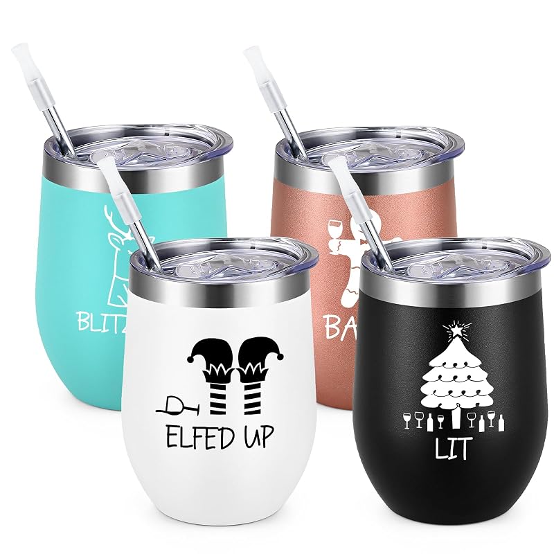 Gingrous 12oz Stainless Steel Christmas Wine Tumbler Set with Spoons - Rose Gold/Black/White/Mint, Pack of 4