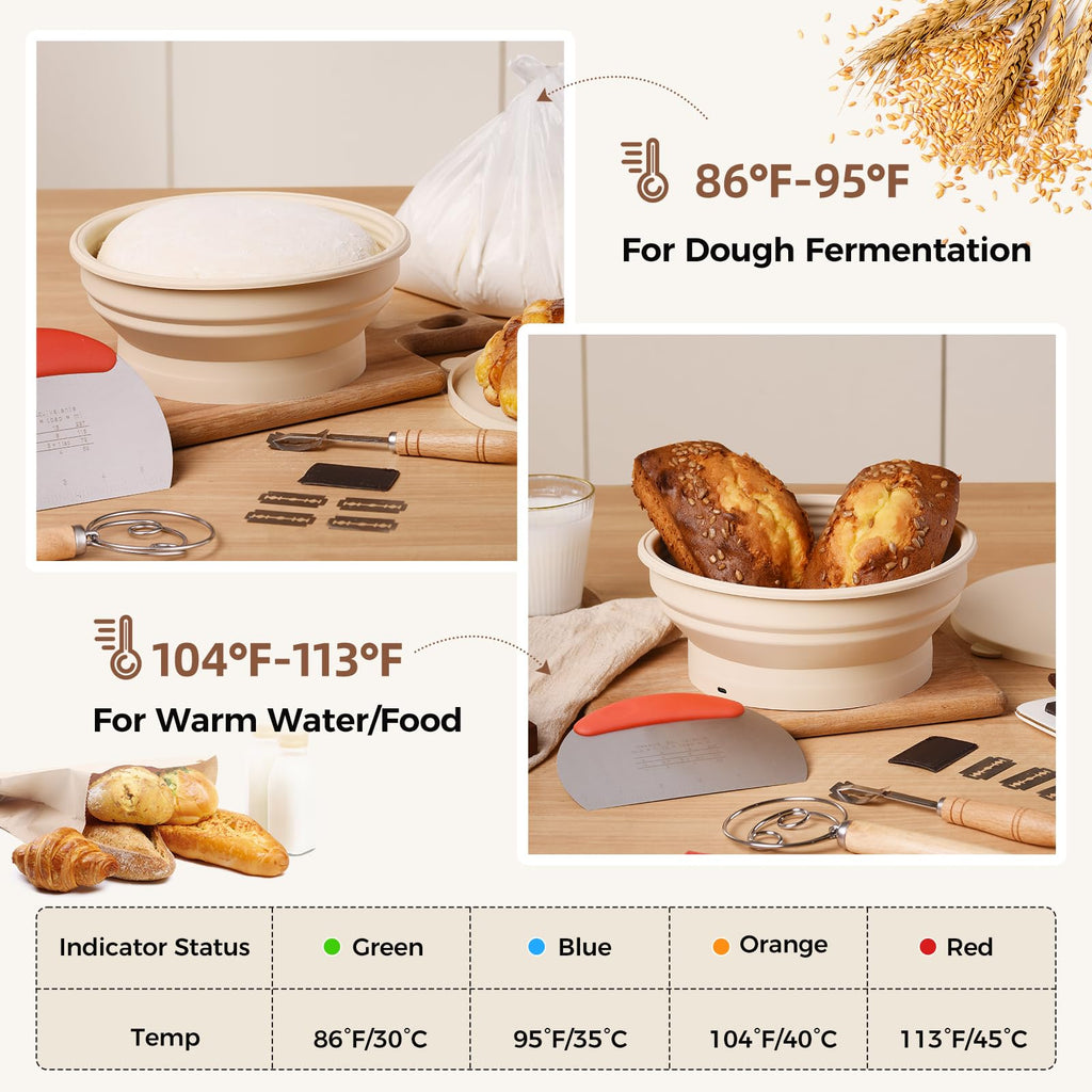 Yacumx Heating Sourdough Bread Proofing Basket Set, Electric Thermostatic Silicone Batter Bowl, Banneton Baking Supplies, 9 Inch Round Foldable Proofing Bowl, White