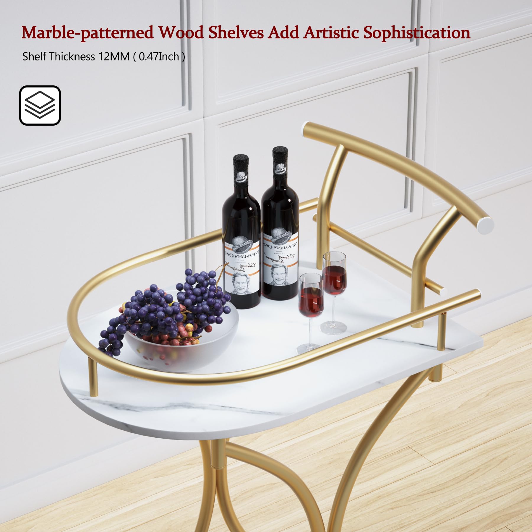 Maiproo Bar Cart with Wheels Handle Rolling Home Bar Serving Carts 2 Tier Curved Anti-Collision Storage Small Trolley with Wine Rack and Glass Holder for Kitchen Dining Room Living Room Gold