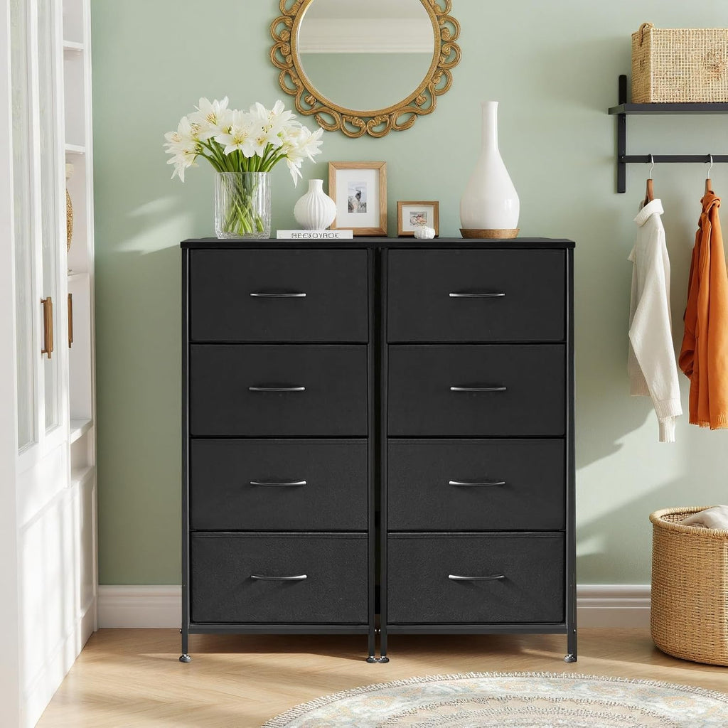 Regine Switzerland Nightstand - 4 Drawer Dresser with Wooden Top & Steel Frame | Black Fabric Bins for Bedroom & Living Room