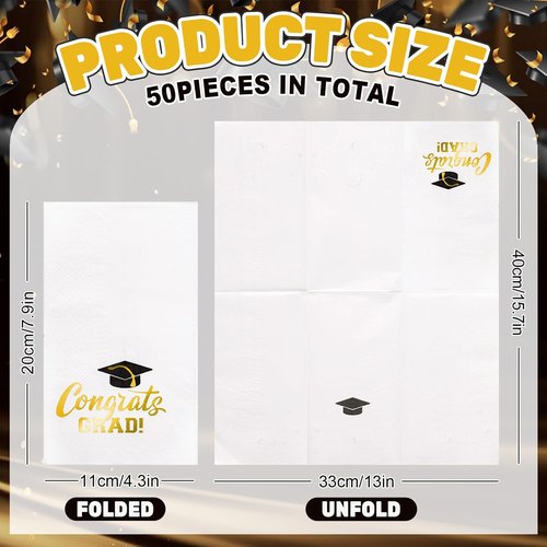 FYSUIMU Graduation Guest Napkins - 50 Pcs Gold Foil Congrats Grad Cap Design | Disposable Dinner Paper Towels