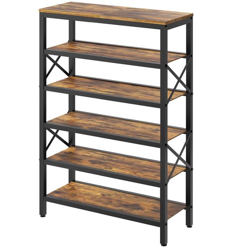 YATINEY 6-Tier Tall Shoe Rack Organizer, Wooden Shoe Storage for Closet Holds 24 Pairs, Sturdy Shoe Shelf with X-Shaped Metal Support, for Entryway, Bedroom, Rustic Brown and Black SS206BR