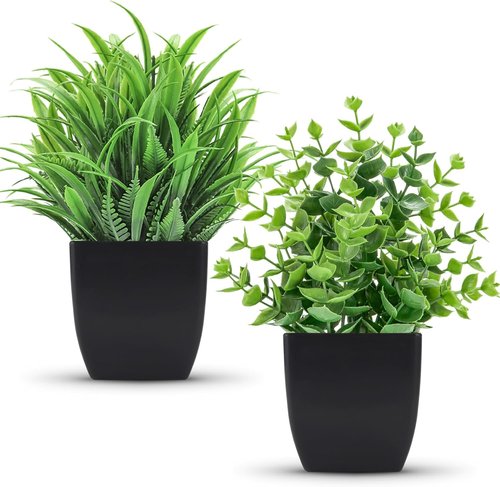 Der Rose 2 Pack Fake Plants - Small Artificial Potted Decor for Home & Office | Black Bathroom Accessories