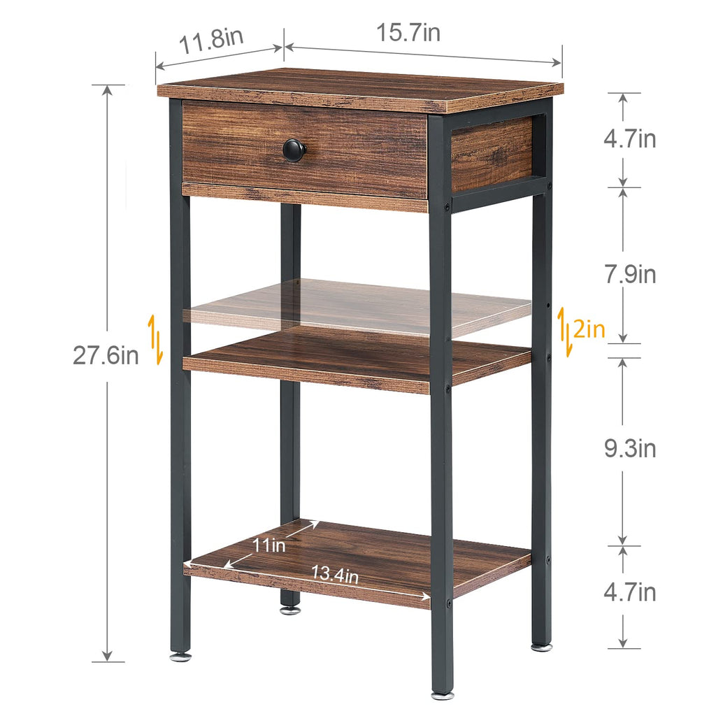 VECELO 28 Inch End Table,Industrial Retro Side Table Nightstand Storage Shelf Tall End Table Easy Assembly Nightstand for Living Room Bedroom Kitchen Family and Office Set of 2,Brown
