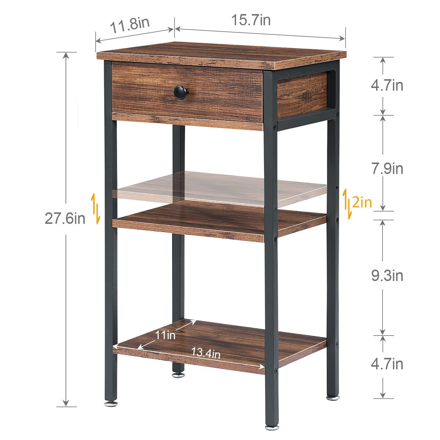 VECELO 28 Inch End Table,Industrial Retro Side Table Nightstand Storage Shelf Tall End Table Easy Assembly Nightstand for Living Room Bedroom Kitchen Family and Office Set of 2,Brown