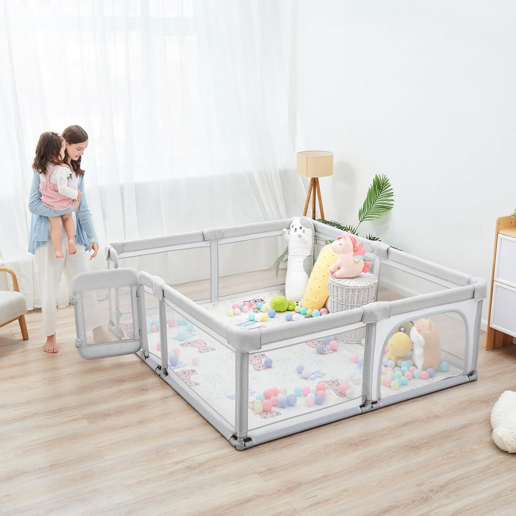 Sweeby Foldable Baby Playpen - Extra Large 79x71 Play Yard with Door & Mat | Light Grey