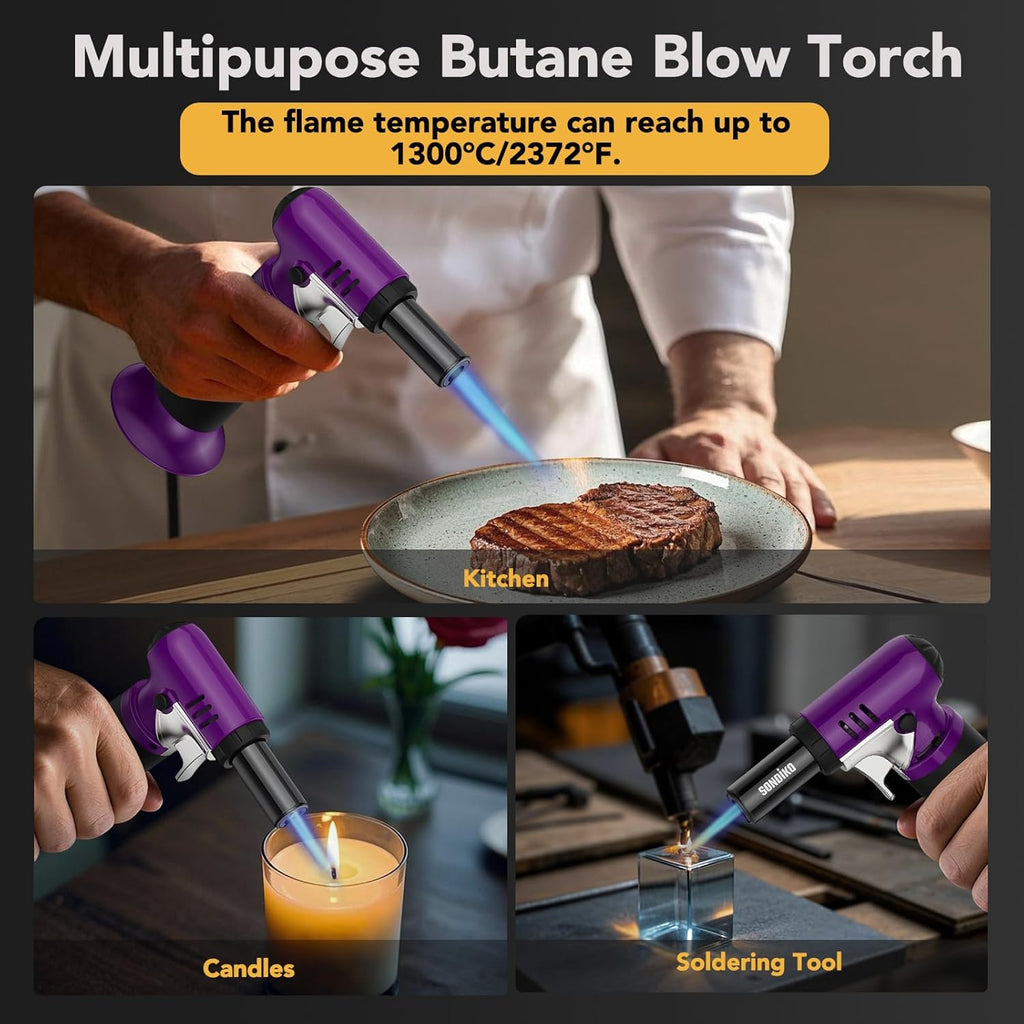 Sondiko Butane Torch - Refillable Soldering Lighter with Adjustable Flame | Purple & Black