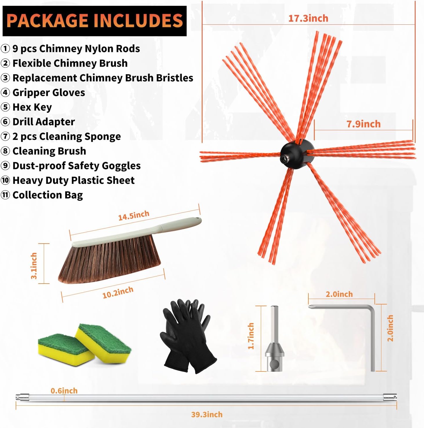 Sealegend Chimney Sweep Kit - 30 Feet Rotary Cleaning System with 9 Flexible Nylon Rods