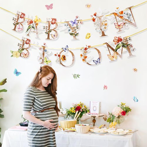 Flower Butterfly Baby in Bloom Banner, Wildflower Butterflies Baby Shower Sign, Boho Floral Welcome Baby Garland Decor, Flowers Theme Paper Bunting for Mommy to Be Party