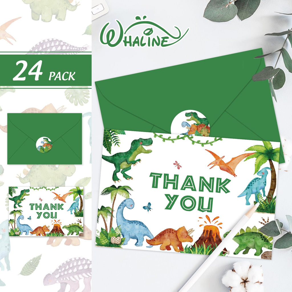 Whaline 24 Pack Dinosaur Thank You Cards Watercolor Green Jurassic Greeting Card with Envelopes Sticker Cute Animal Blank Note Card for Baby Shower Party Invitation Supplies, 4 x 6 Inch