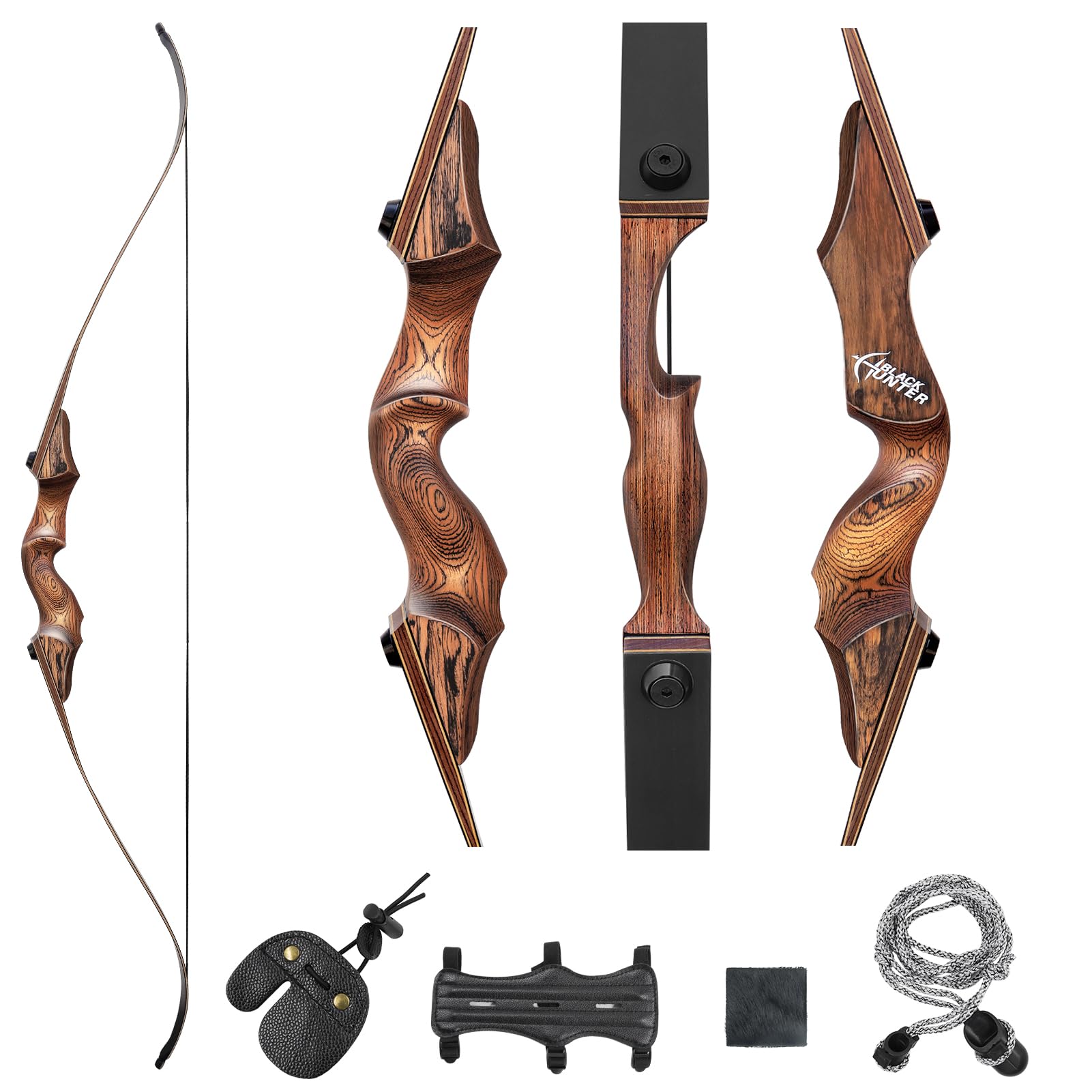 60" Black Hunter Takedown Archery Recurve Bow Set for Adults Youth and Beginners Technical Wood Riser and Laminated Bow Limbs 20-60lbs for Archery Practice Hunting Competition Right Hand (30lbs)