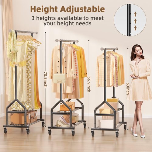 EAGMAK Heavy Duty Clothes Rack - Adjustable Rolling Wardrobe Organizer with Shelves | 556 LBS Capacity, Black