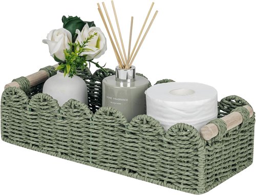CubesLand Toilet Paper Storage Basket - Scalloped Edge Green Decor | Cozy Home Accessory with 2 Wooden Handles