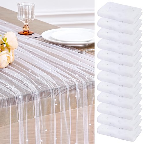 Pearl Gauze Table Runner Pack of 12 Tulle Fabric Lace Boho Sheer Dinner Runners 10ft Table Runners for Bridal Shower Birthday Party Wedding Arch Veil Dessert Desk Decorations