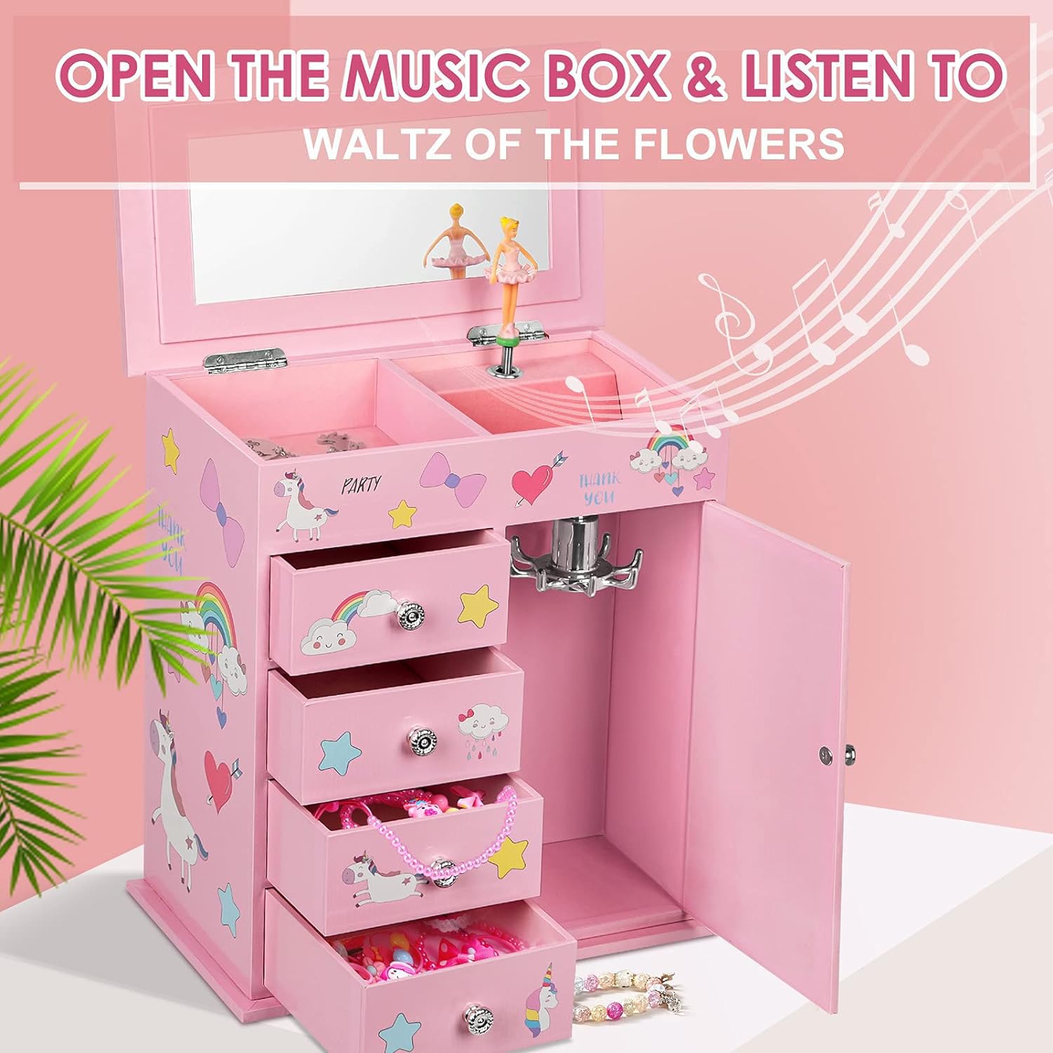 efubaby Upgrade Jewelry Box for Girls 5-Layer 9.09x5x9.84 inch with Swing Door Spinning Ballerina Unicorn&Castle Design with Unicorn Jewelry Set Kids Music Box for Birthday Christmas Gift Pink