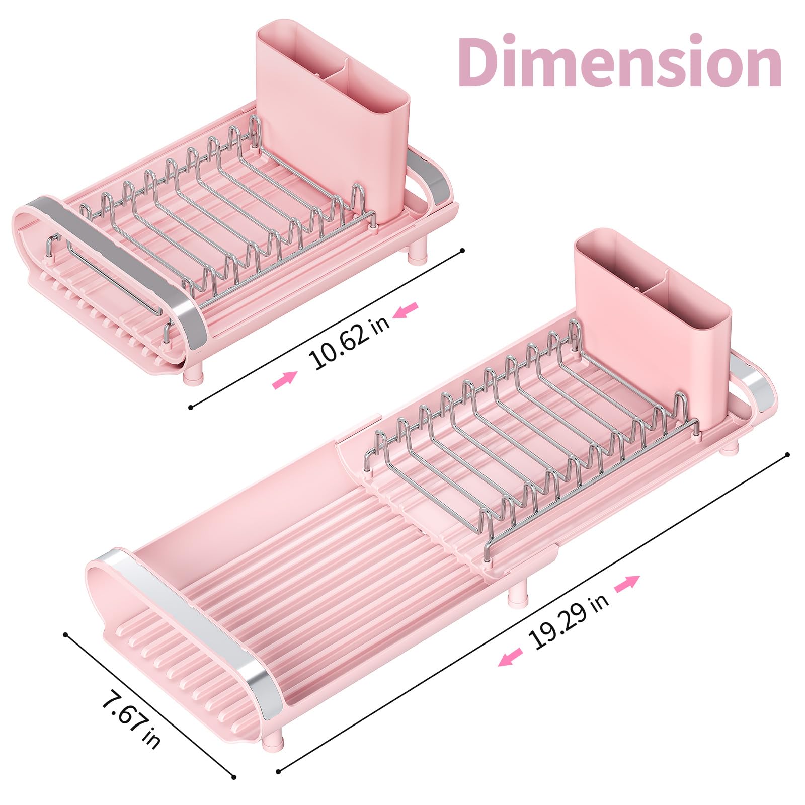TOOLF Small Dish Drying Rack, Mini Expandable Compact Dish Rack, Slim Extendable Stainless Steel Dish Drainer for Kitchen Plate Storage, Space Saving Dish Strainer in Sink or on Home Countertop, Pink