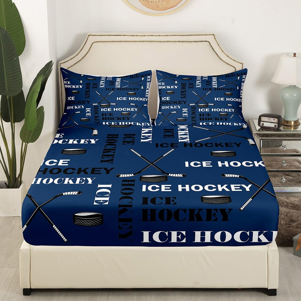 Feelyou Boys Ice Hockey Bed Sheets Twin Size Sports Hockey Pucks Print Sheets Set for Kids Teens Girls Ball Gamer Decorations Bedding Set Blue Fitted Sheet Set Bedroom All Season 1 Pillowcase