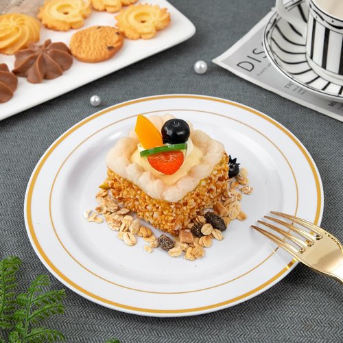 WELLIFE 120 PCS Plastic Dessert Plates and 120 PCS Forks, 6.3 inch Disposable Salad Plate, Premium White Appetizer Plates with Gold Rims Perfect for Party and Wedding