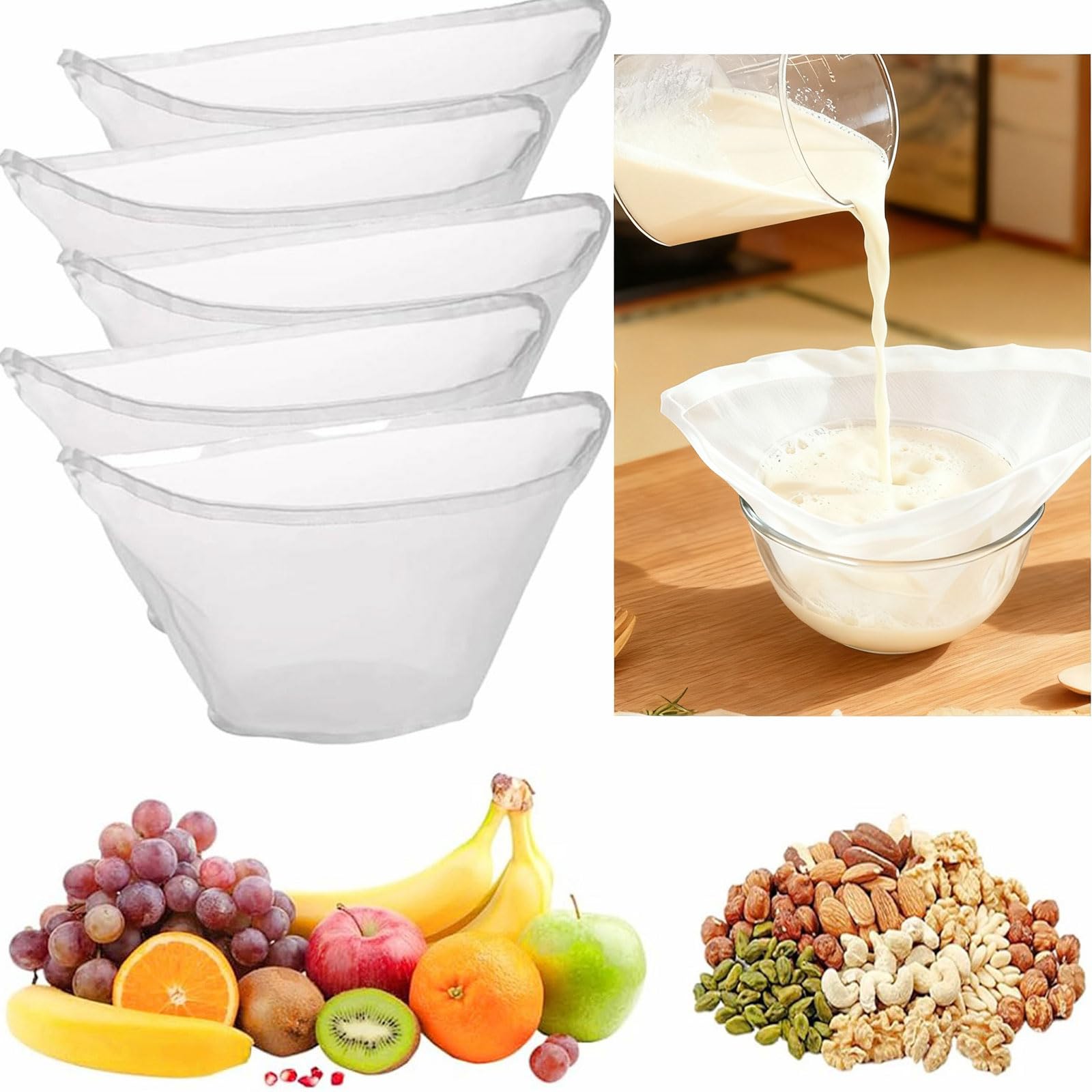 5PCS Cheese Cloth Bags for Straining, Bowl-shaped reusable nylon cheese cloth filter bag, fine mesh multi-purpose food filter bag, suitable for nut milk, juice, soy milk, dumpling fillings. (Large)