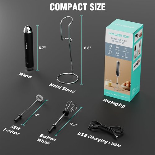 HAUSHOF Rechargeable Milk Frother Wand - Handheld Electric Foam Maker with Stand & 2 Whisks for Lattes & Cappuccinos