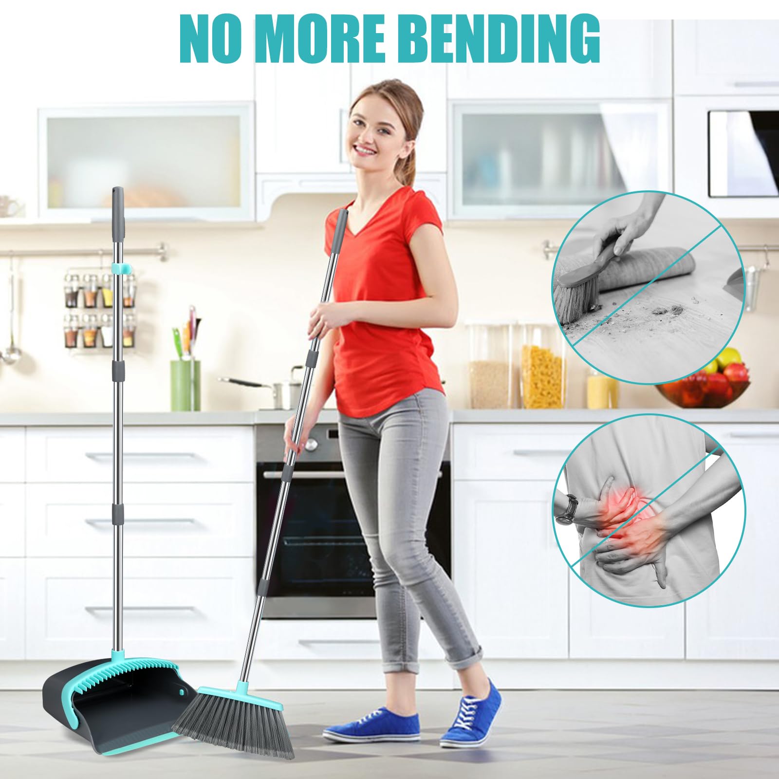 Michao Upgrade Broom and Dustpan Set, Silicone Broom,Long Handle Broom with Upright Standing Dustpan, Squeegee - Broom for Indoor Cleaning 2+1,for Indoor Outdoor,Smooth Floors, Rugs (Green-Grey)