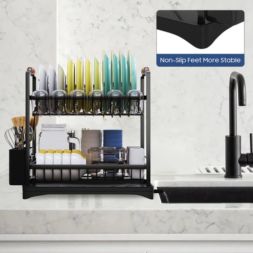 PXYHMUS 2-Tier Large Dish Drying Rack for Kitchen Counter with Drainboard and Cutlery Holder, 2 Tier Dish Drying Rack, Black,16.54" D x 11.81" W x 17.71" H