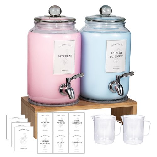 2 Pack Glass Laundry Detergent Dispenser,Sturdy glass Fabric Softener Dispenser With Leak Proof Pump,Reusable Container & Bamboo Stand-108Oz Big Laundry Soap Container For Washer Room Organization (2)