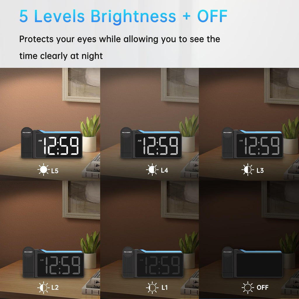 Peakeep Projection Alarm Clock for Bedroom Ceiling, Loud for Heavy Sleepers, RGB Nightlight, Multi-Color Large Display 5 Brightness Dimmer, Plug in Bedside Electric LED Digital Clock with USB Port
