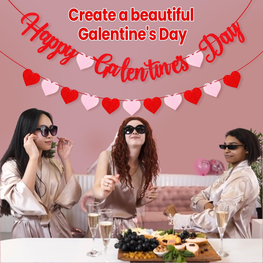 Red Glitter Happy Galentine's Day Banner Happy Galentines Day Decorations With Felt Heart Garland Banner Galentines Day Sign for Ladies Girls Galentines Decor Galentines Day Party Supplies Photo Props