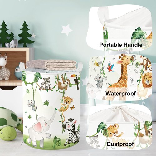 HUUMONSS Giraffes Baby Laundry Hamper with Handle Collapsible Clothes Kids Storage Basket Elephants Boys Girls Gift Toy Box Bin for Nursery Room, White, 63L