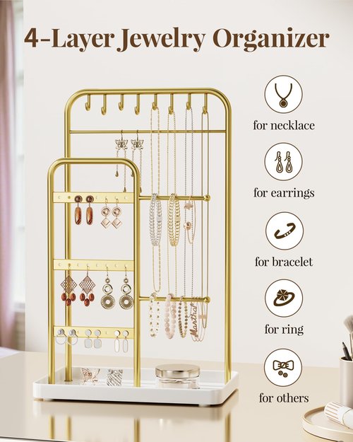 pickpiff Jewelry Holder Stand: Jewelry Display for Necklace, Bracelet, Earring, Ring, White & Gold