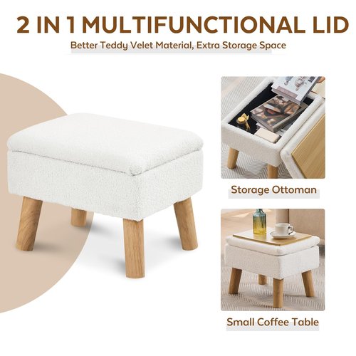 FIMIVIBI Storage Ottoman, Small Foot Stool Ottoman with Storage, Teddy Velvet Foot Rest with Wood Legs, Footstool for Living Room, Bedroom, Entryway, White