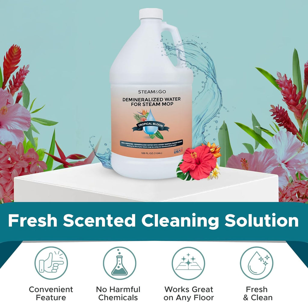 Steam & Go Demineralized Water | PVC-Free Floor Cleaner for All Steam Mops - Tropical Bloom, 128 Fl Oz