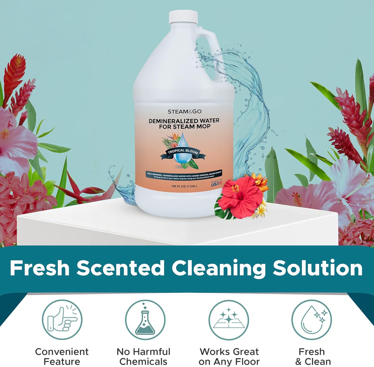 Steam & Go Demineralized Water | PVC-Free Floor Cleaner for All Steam Mops - Tropical Bloom, 128 Fl Oz
