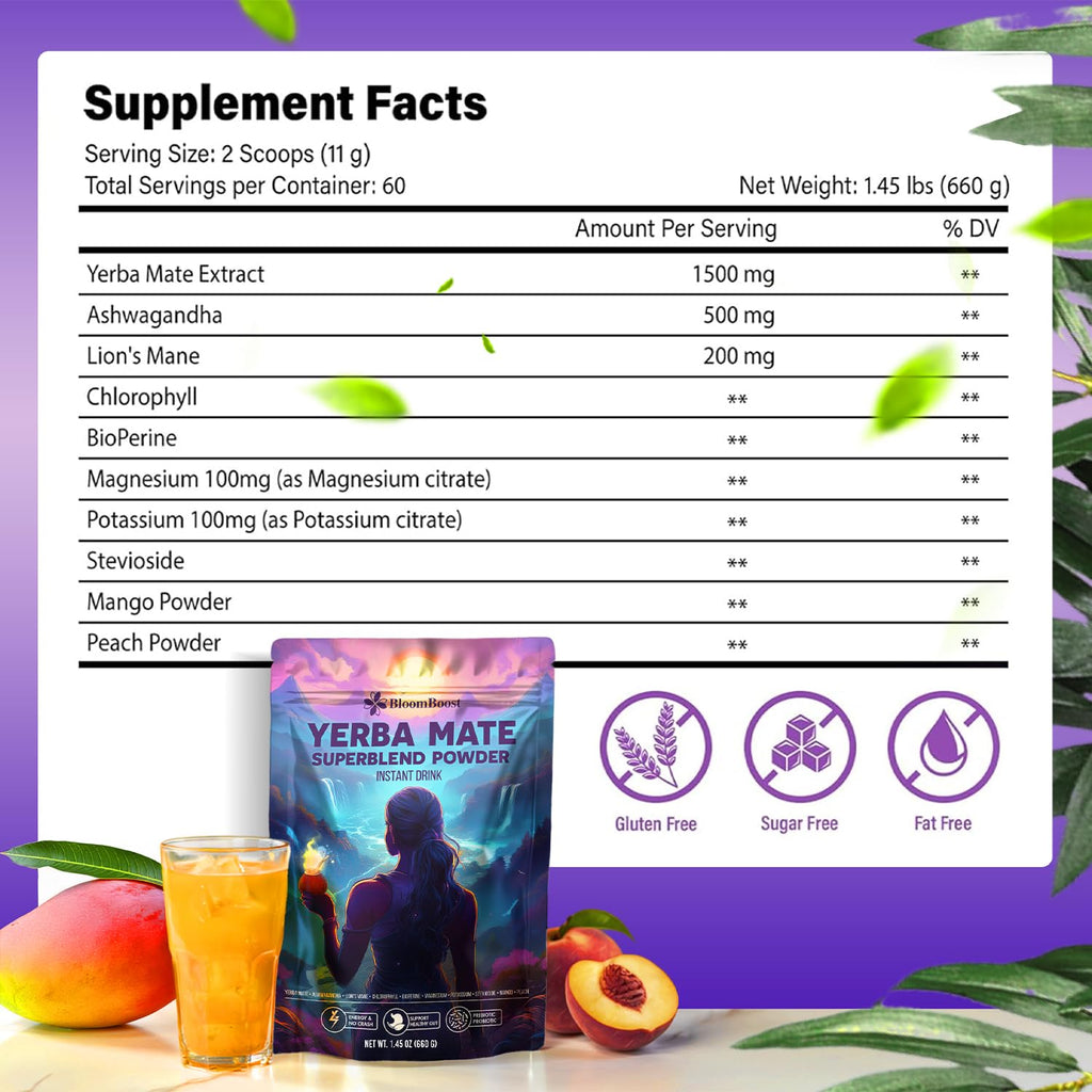 Yerba Mate Instant Tea Powder for Clean Energy & Mental Focus with Lion’s Mane & Ashwagandha, Sugar-Free Superfood Blend – Peach Mango Flavor, 60 Servings
