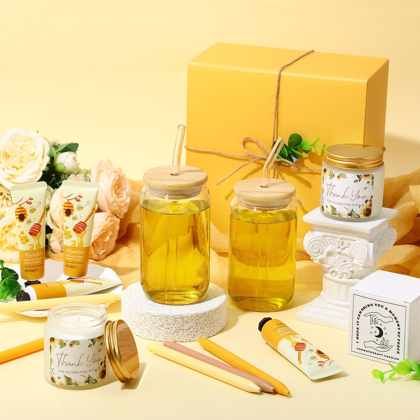 Reallnaive 6 Sets Baby Shower Prizes for Game Winners, Baby Shower Favors Including Glass Cup Scented Candles Hand Cream Pens Gift Box with Raffia for Gender Reveal Wedding Bridal Party Prizes(Yellow)
