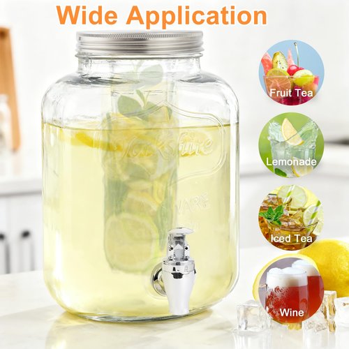 1.5 Gallon Glass Drink Dispensers For Parties-Set of 2,Drink Dispenser with Fruit Infuser & Stand,Juice or Beverage Dispenser for BBQ, Picnic, Party,Water Dispenser Laundry Detergent Dispenser