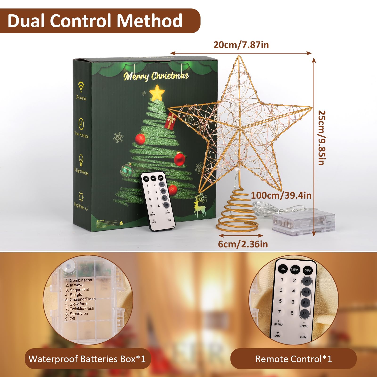 Verdenu 10'' Christmas Tree Topper Lighted in 8 Modes, Christmas Star Tree Topper with 40 LED Lights, Metal Star Tree Topper with Remote Control for Christmas Decorations, Home Decorations (Gold)