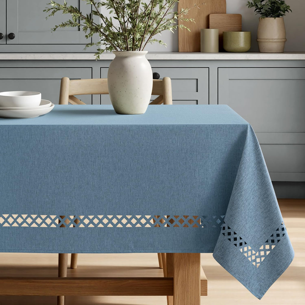 MIULEE Dusty Blue Rectangle Linen Polyester Tablecloth with Decorative Cutouts Waterproof Stain Resistant & Shrink-Proof Table Cloth 60x120 inch Farmhouse Style for Dining Wedding Party