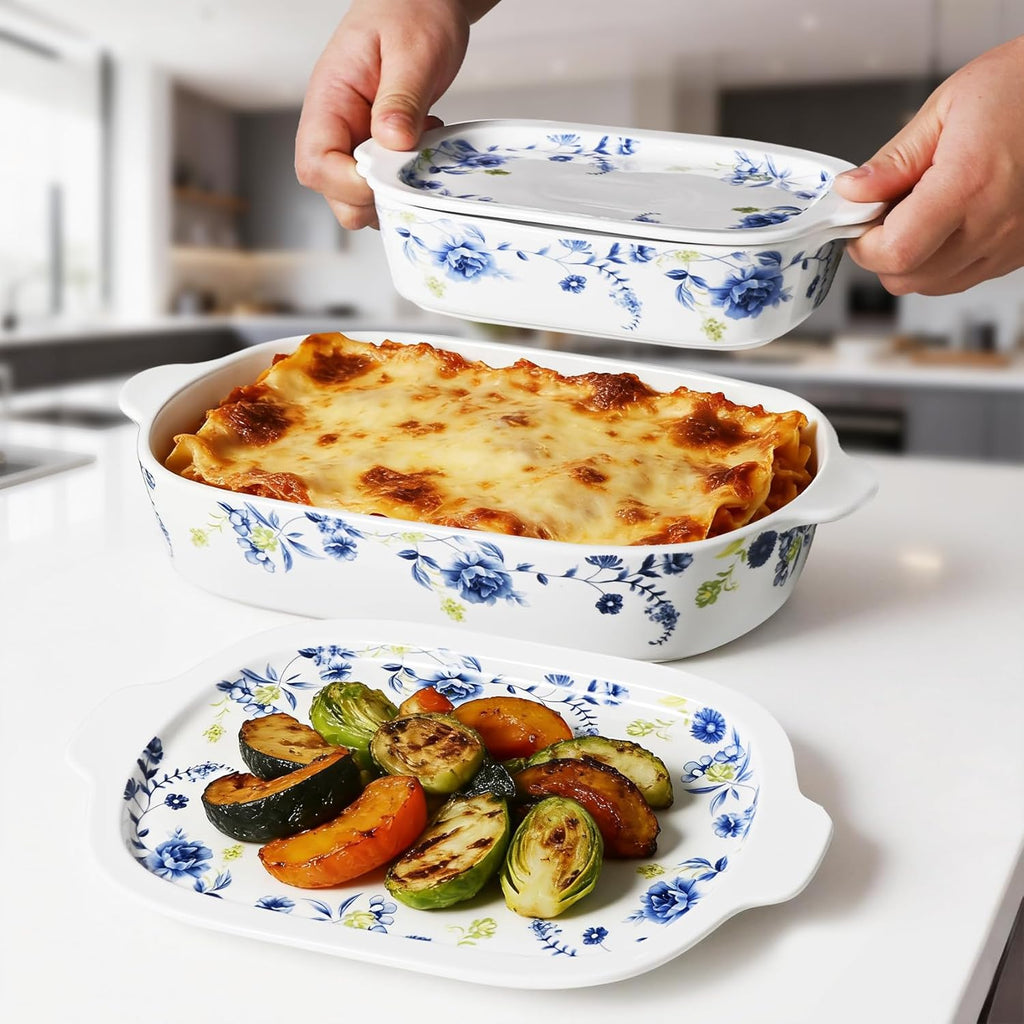 Regine Switzerland Ceramic Casserole Dish Set - 4-Piece Bakeware with Lids | Oven & Microwave Safe, 13x8 & 9x6 Inches