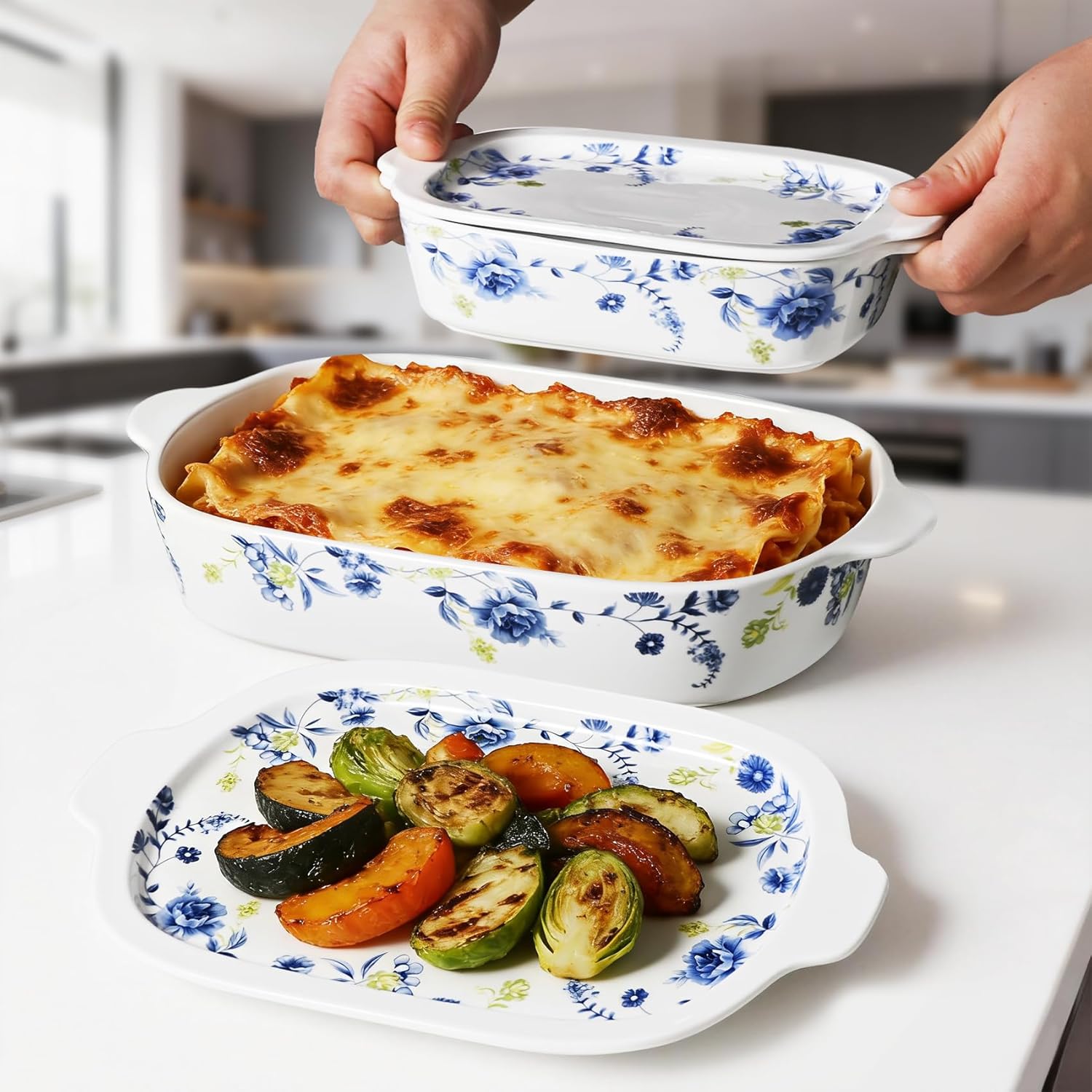 Regine Switzerland Ceramic Casserole Dish Set - 4-Piece Bakeware with Lids | Oven & Microwave Safe, 13x8 & 9x6 Inches