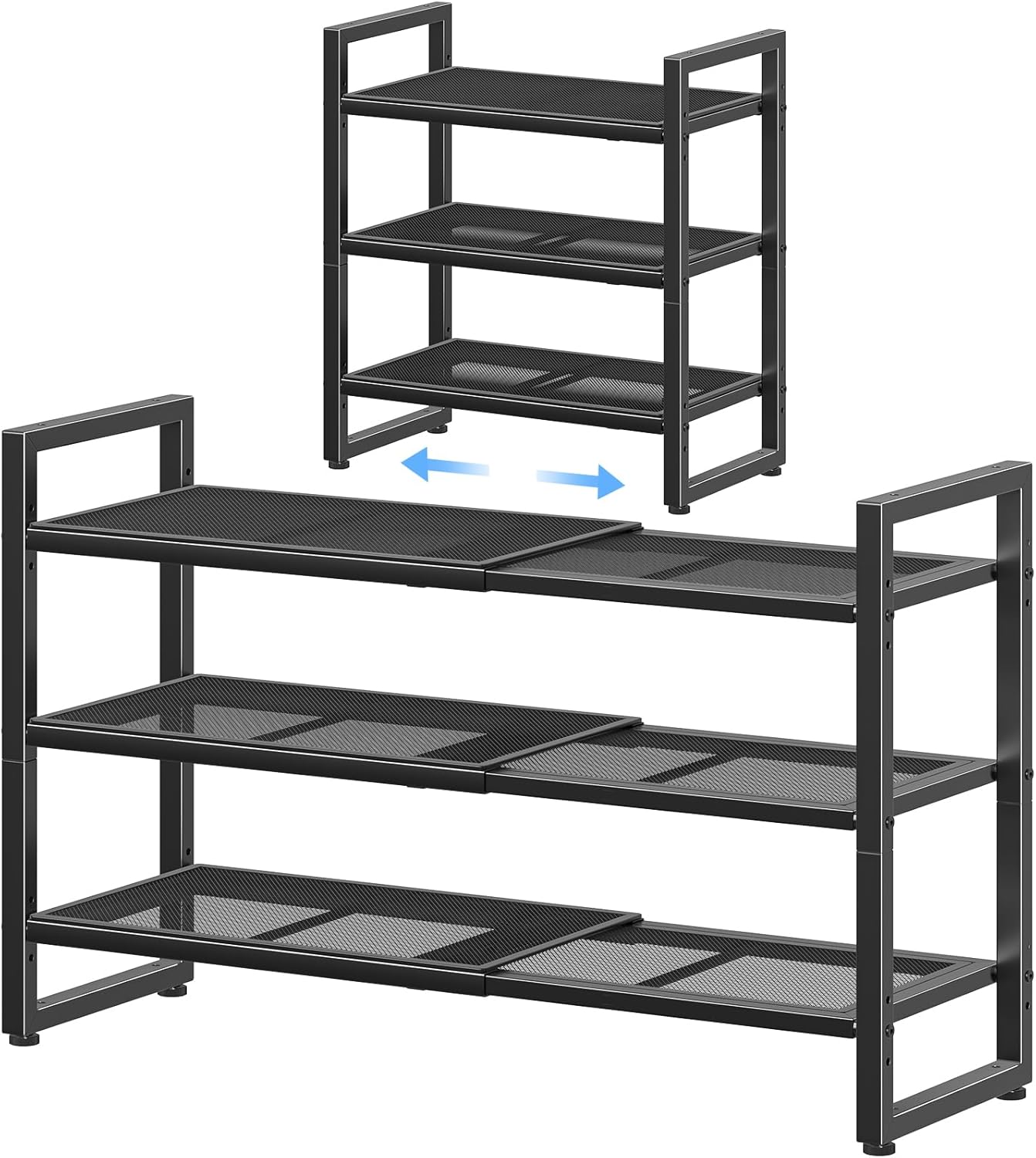 Skiennix 3-Tier Expandable Shoe Rack - Adjustable & Stackable Metal Mesh Organizer | Black