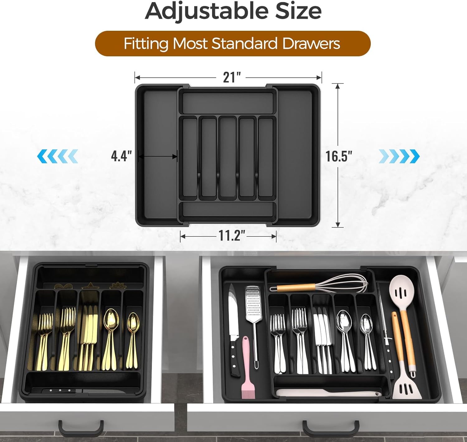 Ukeetap Extra Large Expandable Silverware Organizer - BPA-Free Cutlery Holder for Kitchen Drawers | Black