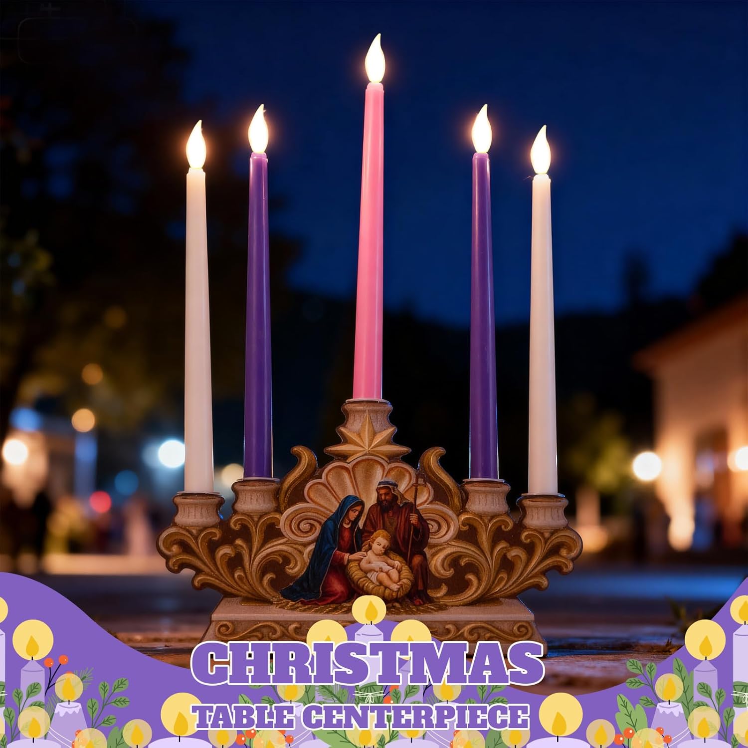 Qinyoung Advent Candle Holder - 5 Pcs Flameless Candles with Nativity Scene | Religious Home Decor