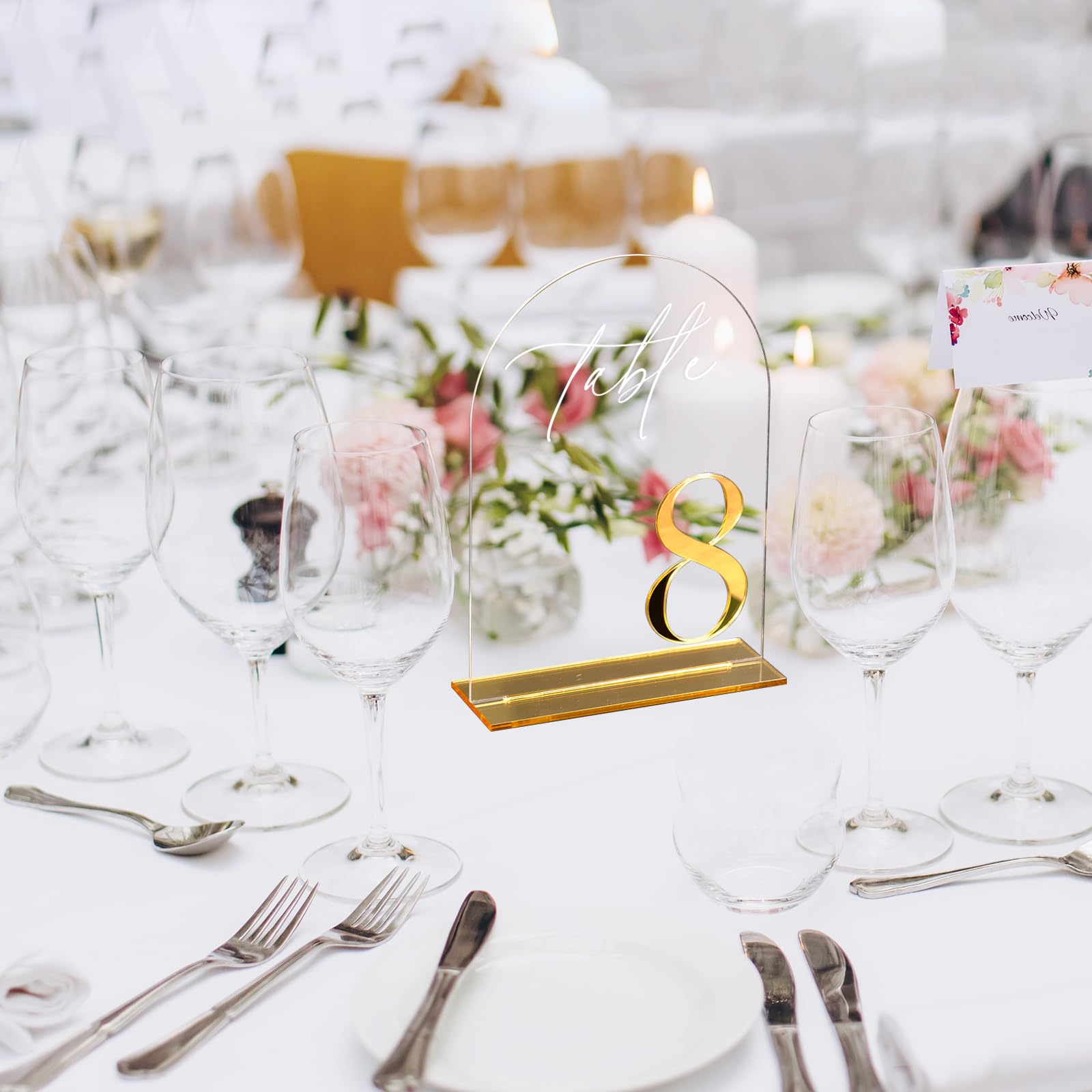 HOODO Clear Arch Wedding table numbers 1-20 with Stands, 5"x7" Arched Acrylic Signs with Gold Mirror Numbers, Clear and Gold Acrylic Table Numbers for Wedding Reception, Party, Anniversary, Event