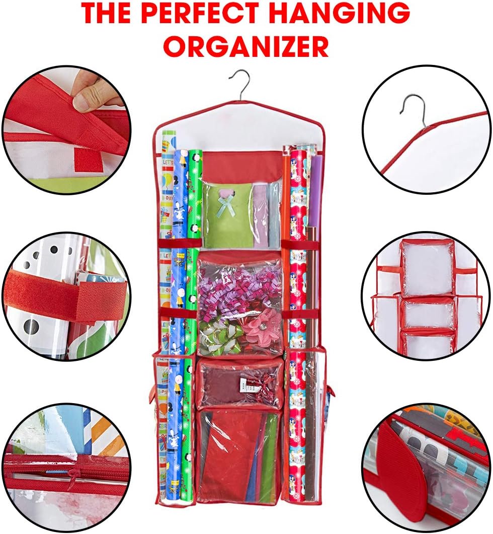 Primode Wrapping Paper Storage - Double-Sided Gift Wrap Organizer with Pockets for Accessories | 40”x17” Clear PVC Bag (Red)