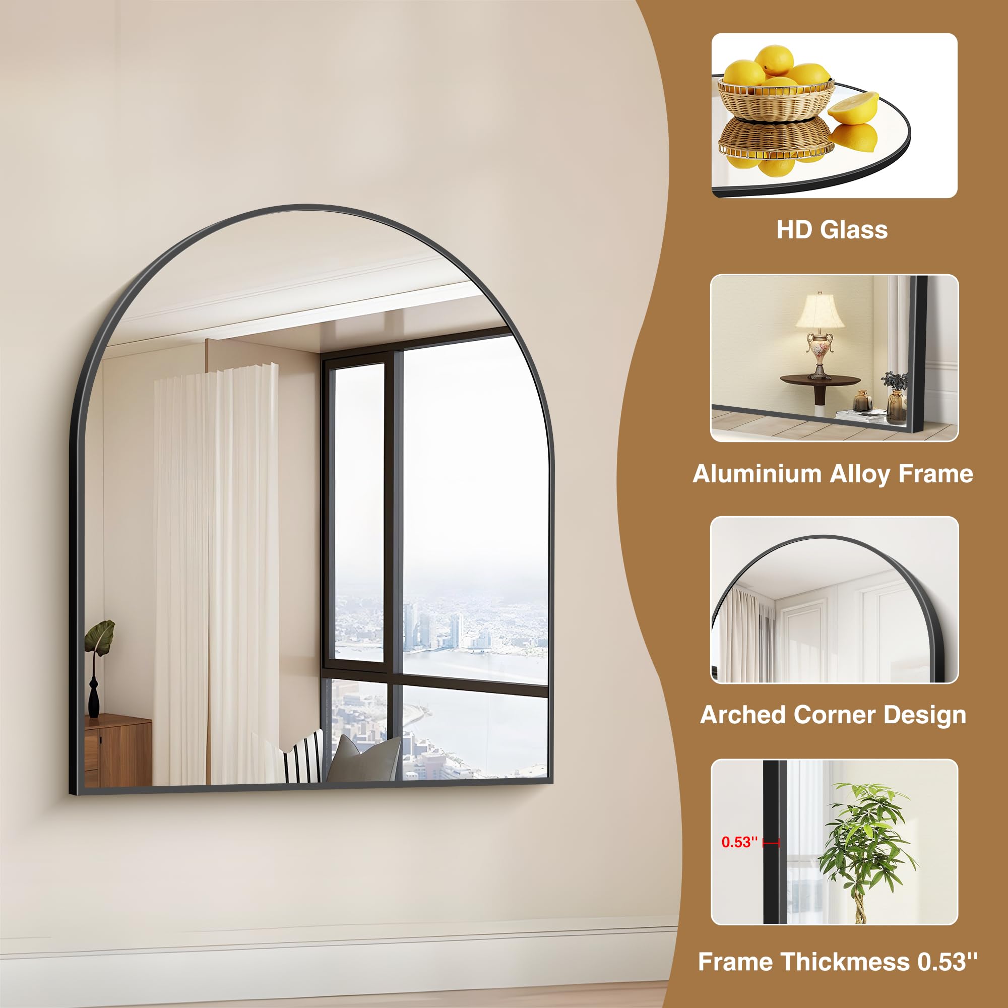 COFENY Black Arch Mirror, 30’’x36’’ Black Mirror for Bathroom, Wide Arched Bathroom Mirror with Metal Wall Mounted Mirror for Bedroom Living Room Entryway Modern